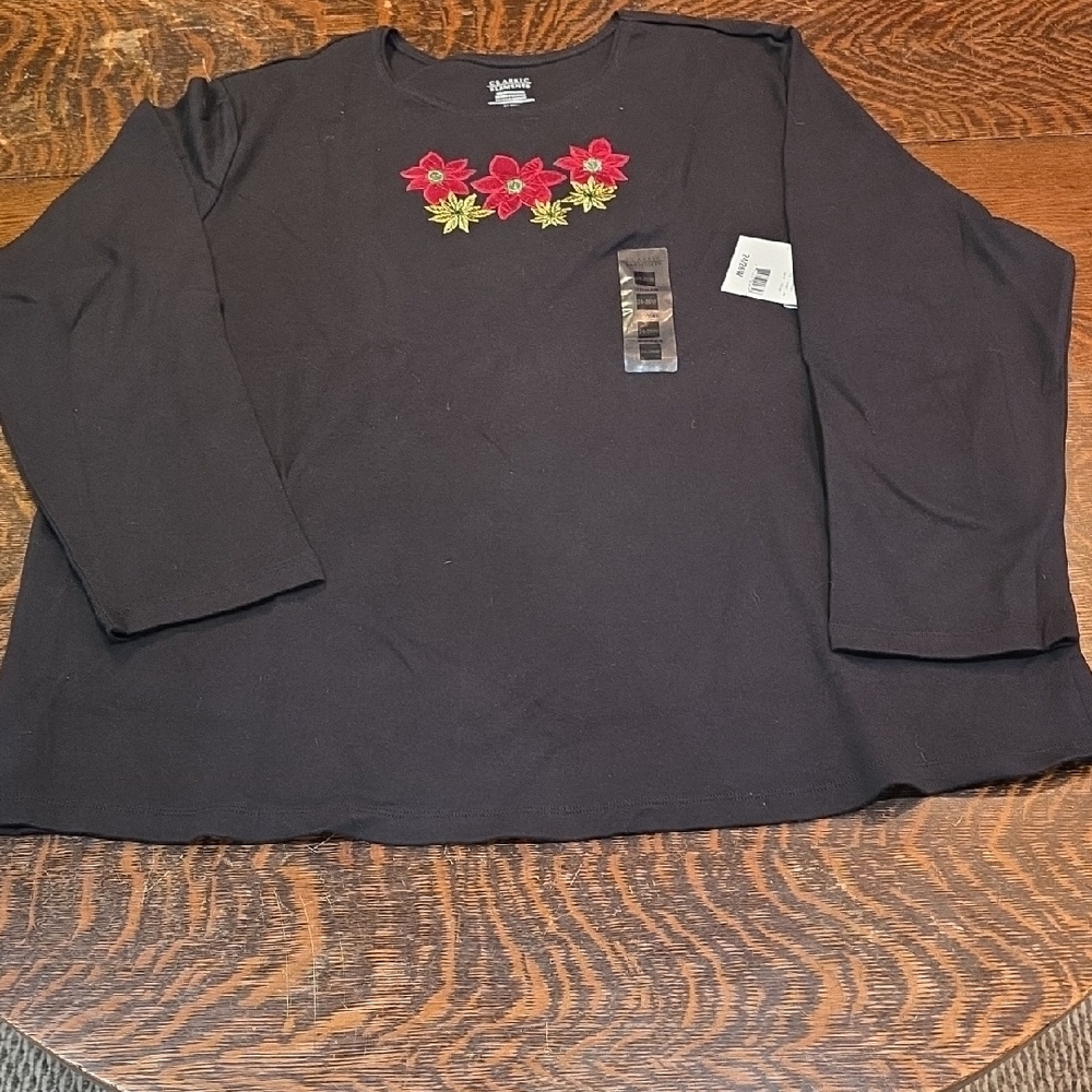 Classic Elements Black Cotton Long Sleeve Top With Poinsettia Motif